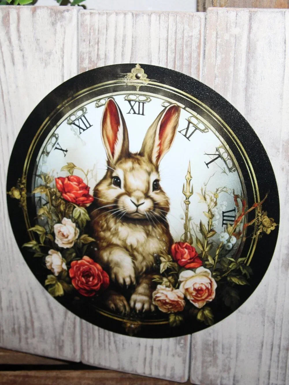 NEW Shabby French Country Farmhouse Bunny Rabbit & Roses Clock Face Wall Decor